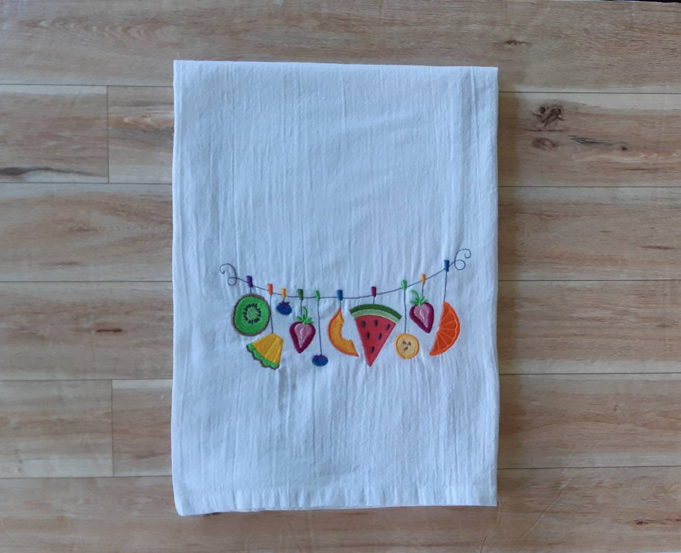 Embroidered Summer Fruit Flour Sack Tea Towel