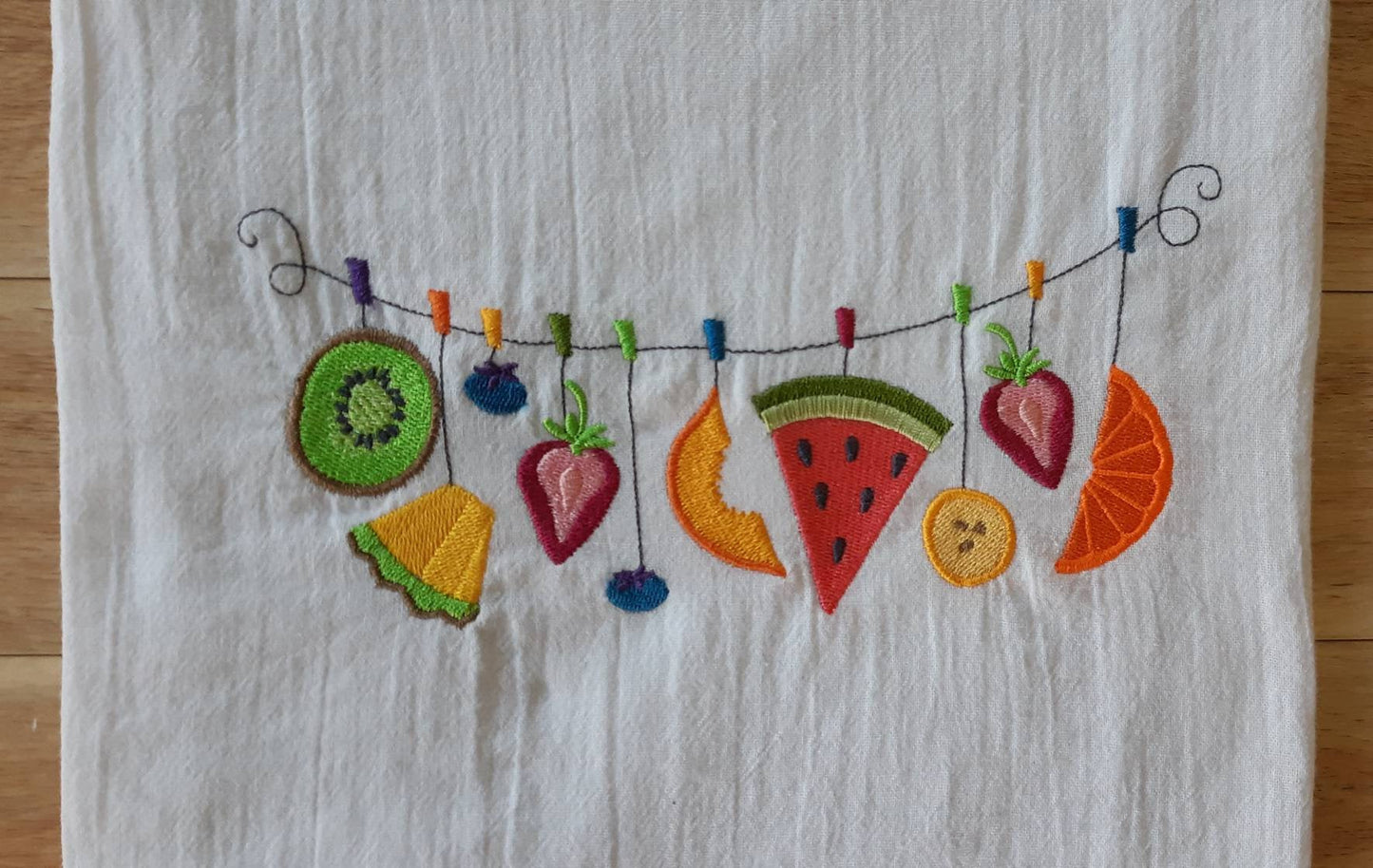 Embroidered Summer Fruit Flour Sack Tea Towel