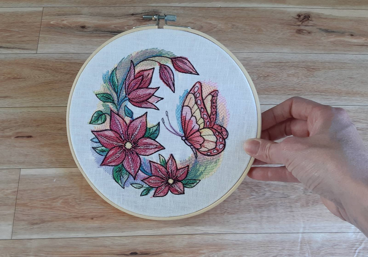 Pink Butterfly Wall Decor, Embroidered hoop art, 8 inch hoop