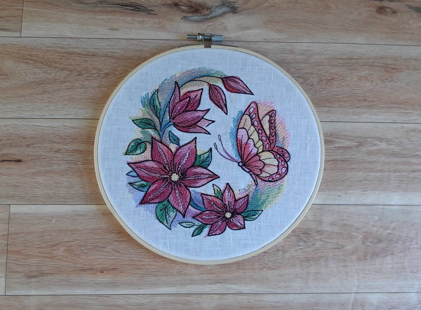 Pink Butterfly Wall Decor, Embroidered hoop art, 8 inch hoop