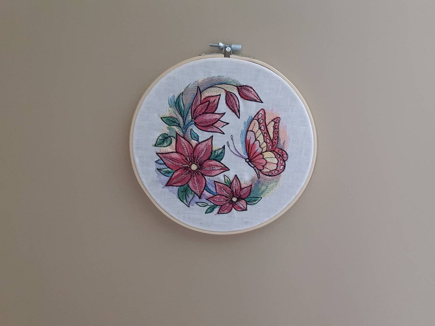 Pink Butterfly Wall Decor, Embroidered hoop art, 8 inch hoop