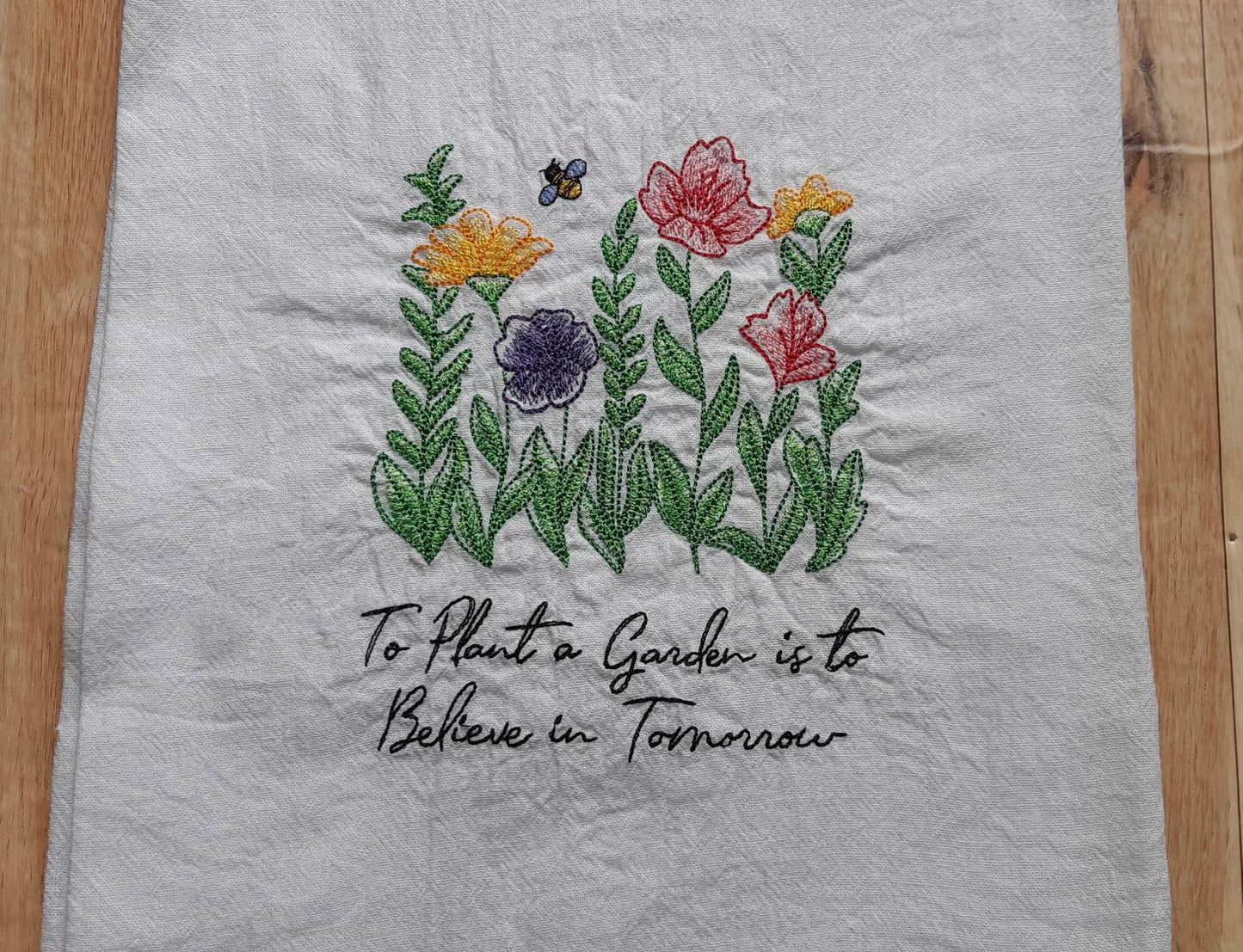 Embroidered Flower Garden Tea Towel