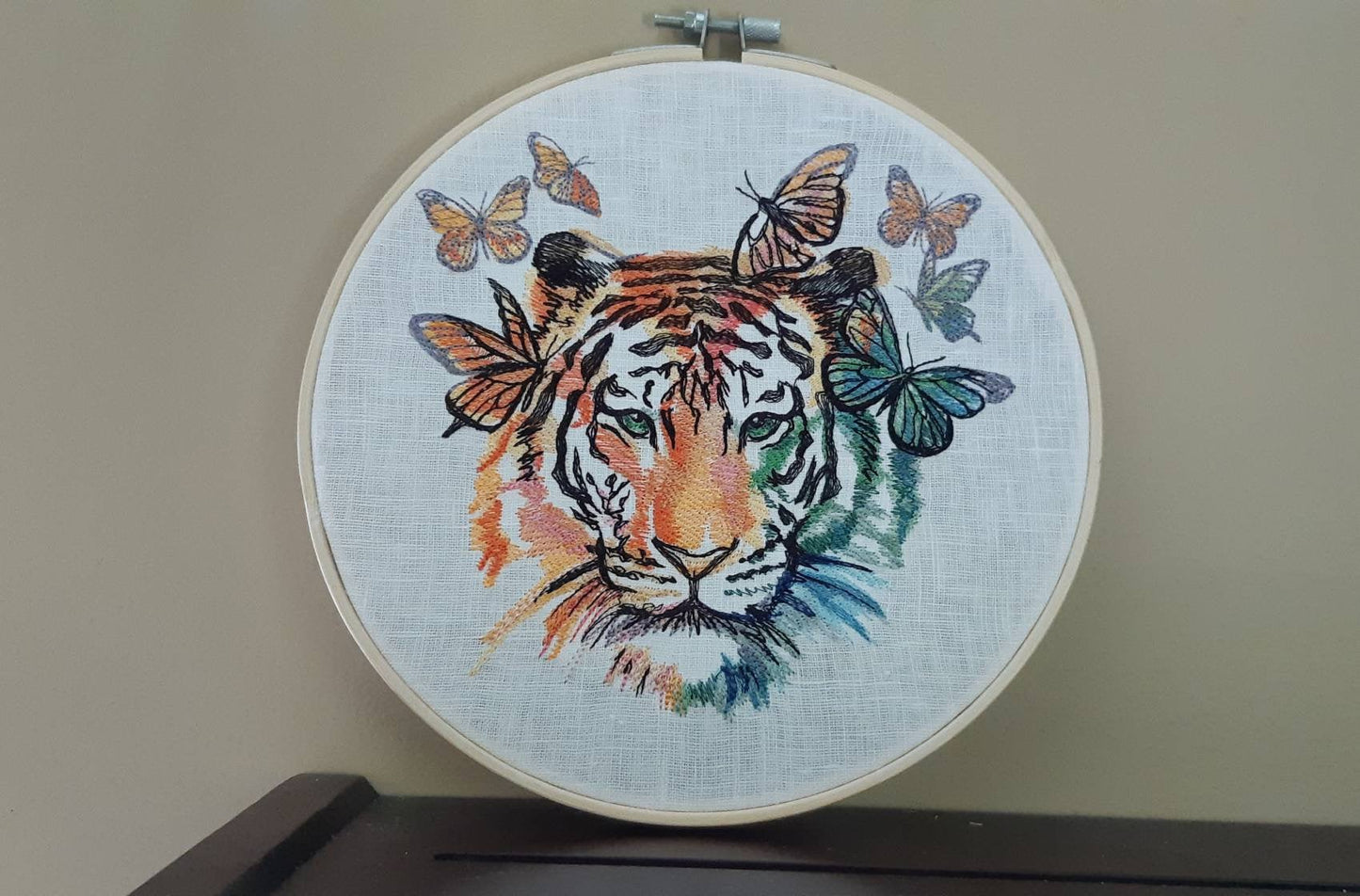 Rainbow Tiger and Butterflies Embroidered Hoop art, 8 inch Hoop