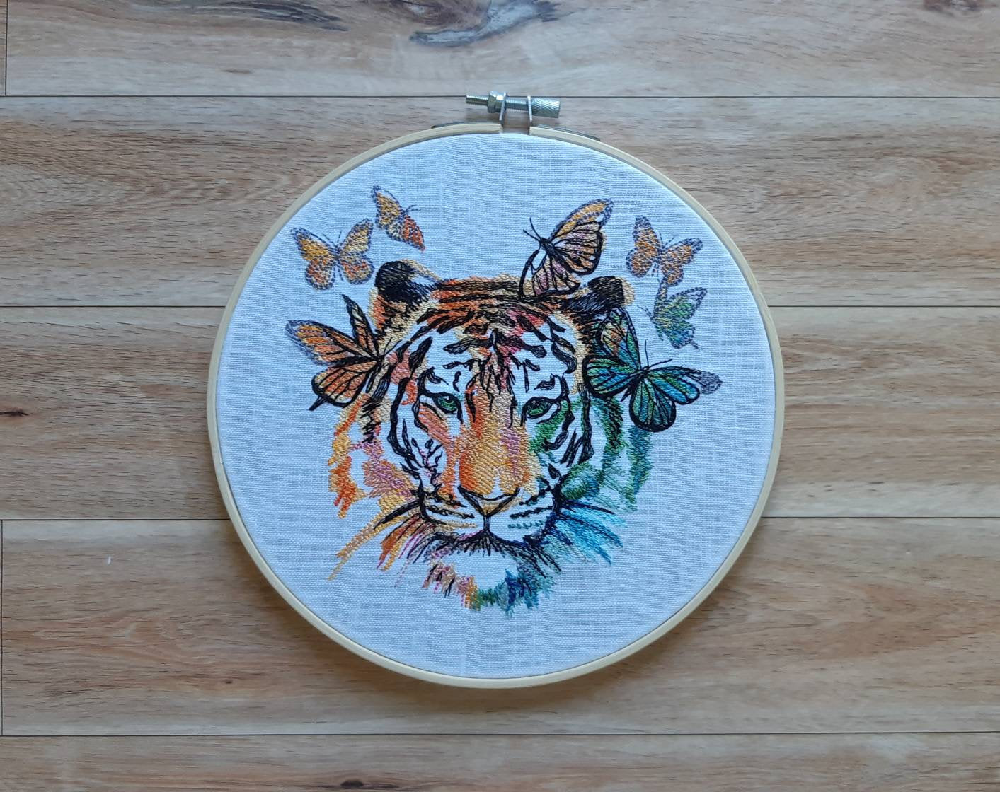 Rainbow Tiger and Butterflies Embroidered Hoop art, 8 inch Hoop