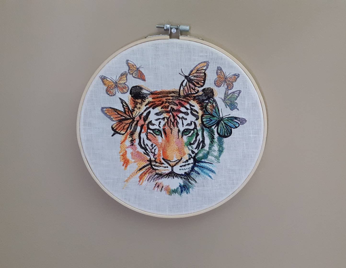 Rainbow Tiger and Butterflies Embroidered Hoop art, 8 inch Hoop