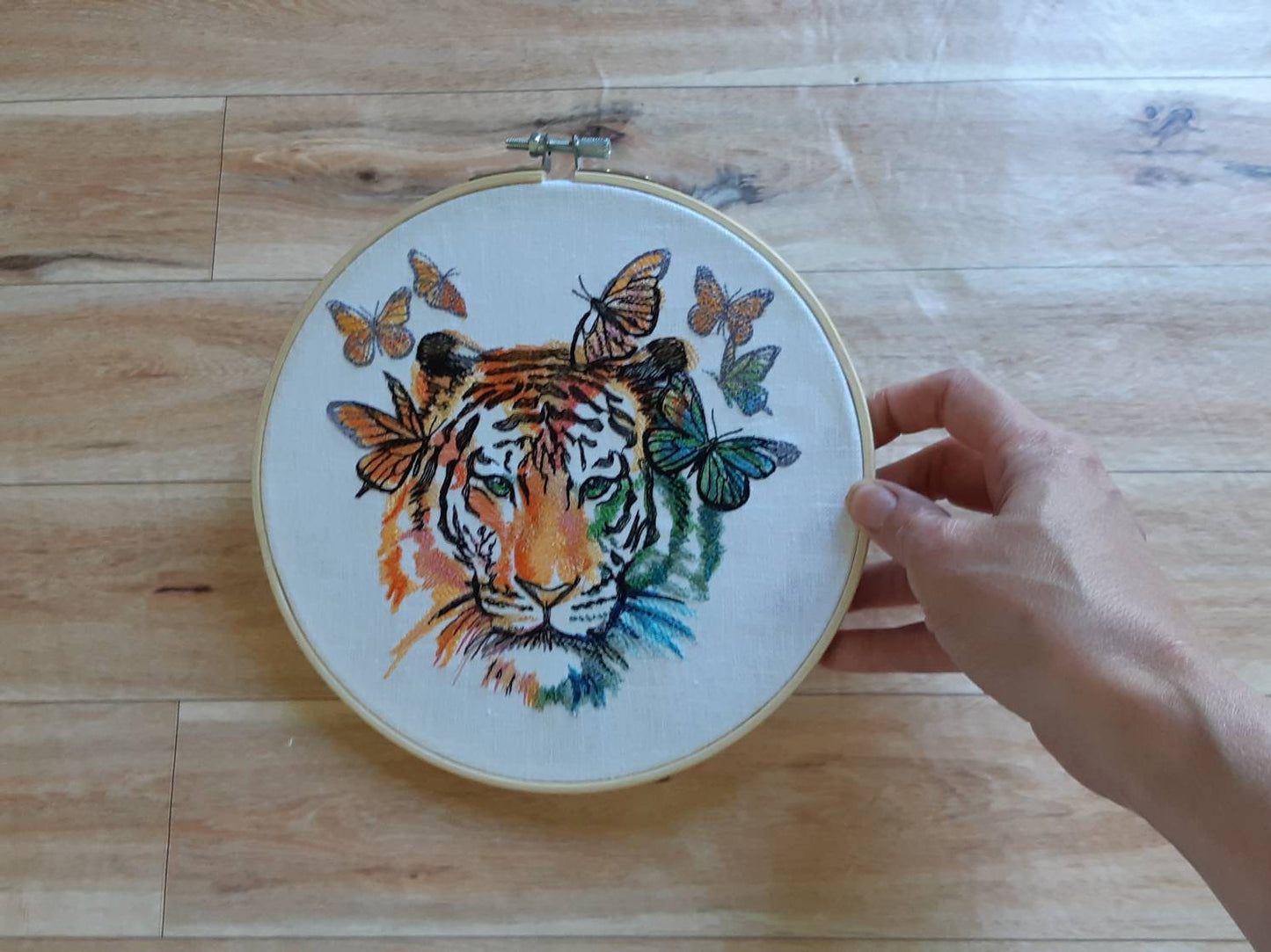 Rainbow Tiger and Butterflies Embroidered Hoop art, 8 inch Hoop