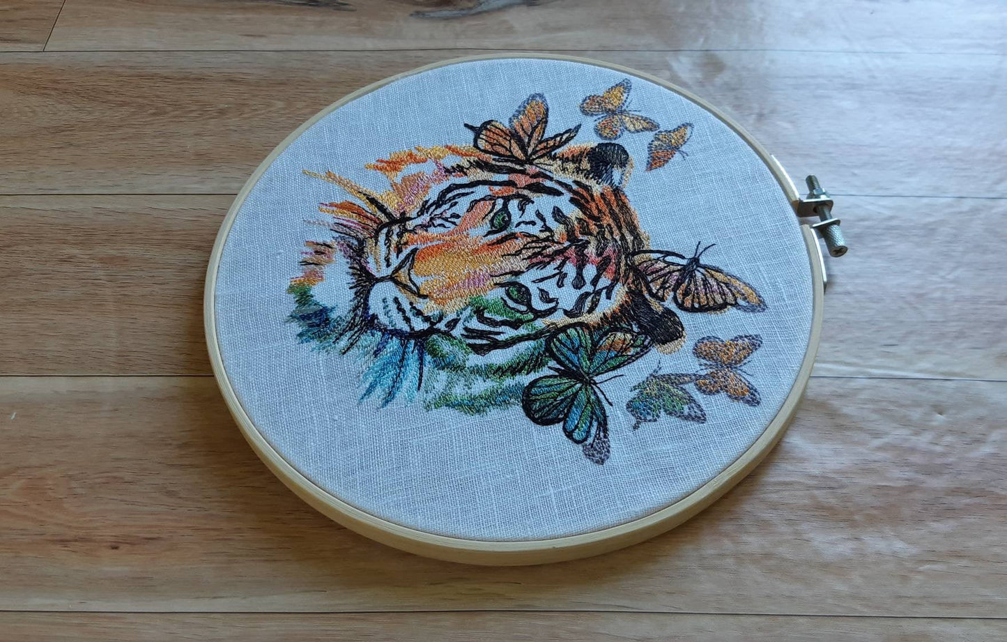 Rainbow Tiger and Butterflies Embroidered Hoop art, 8 inch Hoop