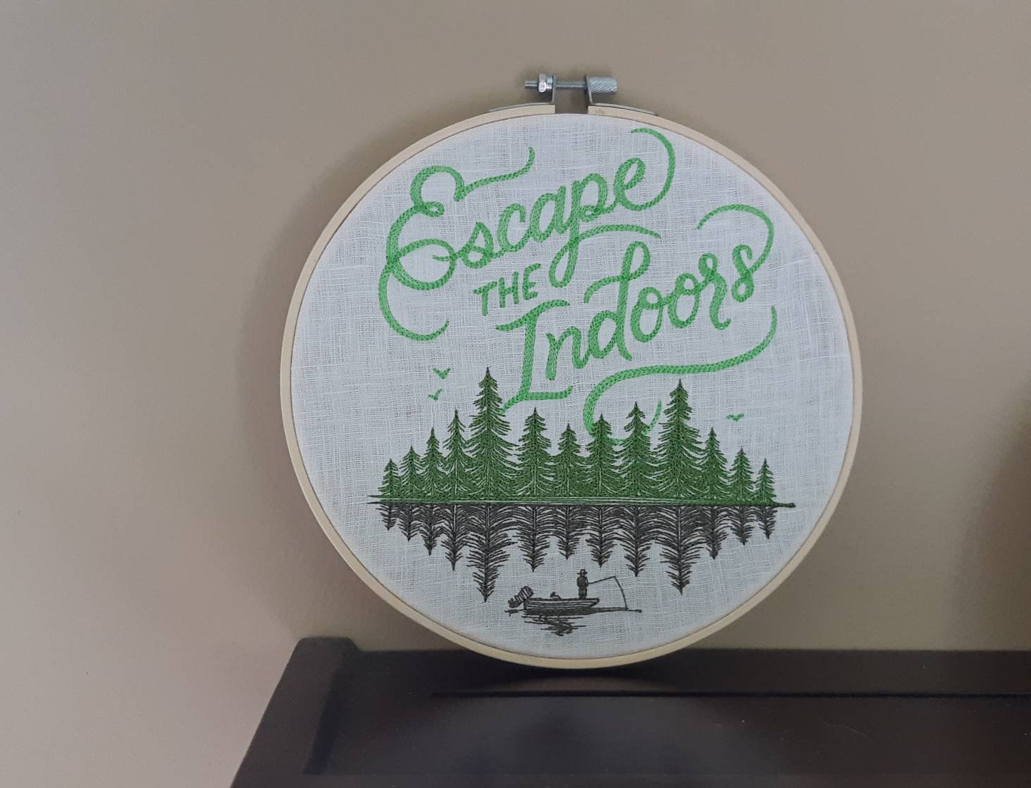 Escape the Indoors Embroidered hoop art, 8 inch hoop