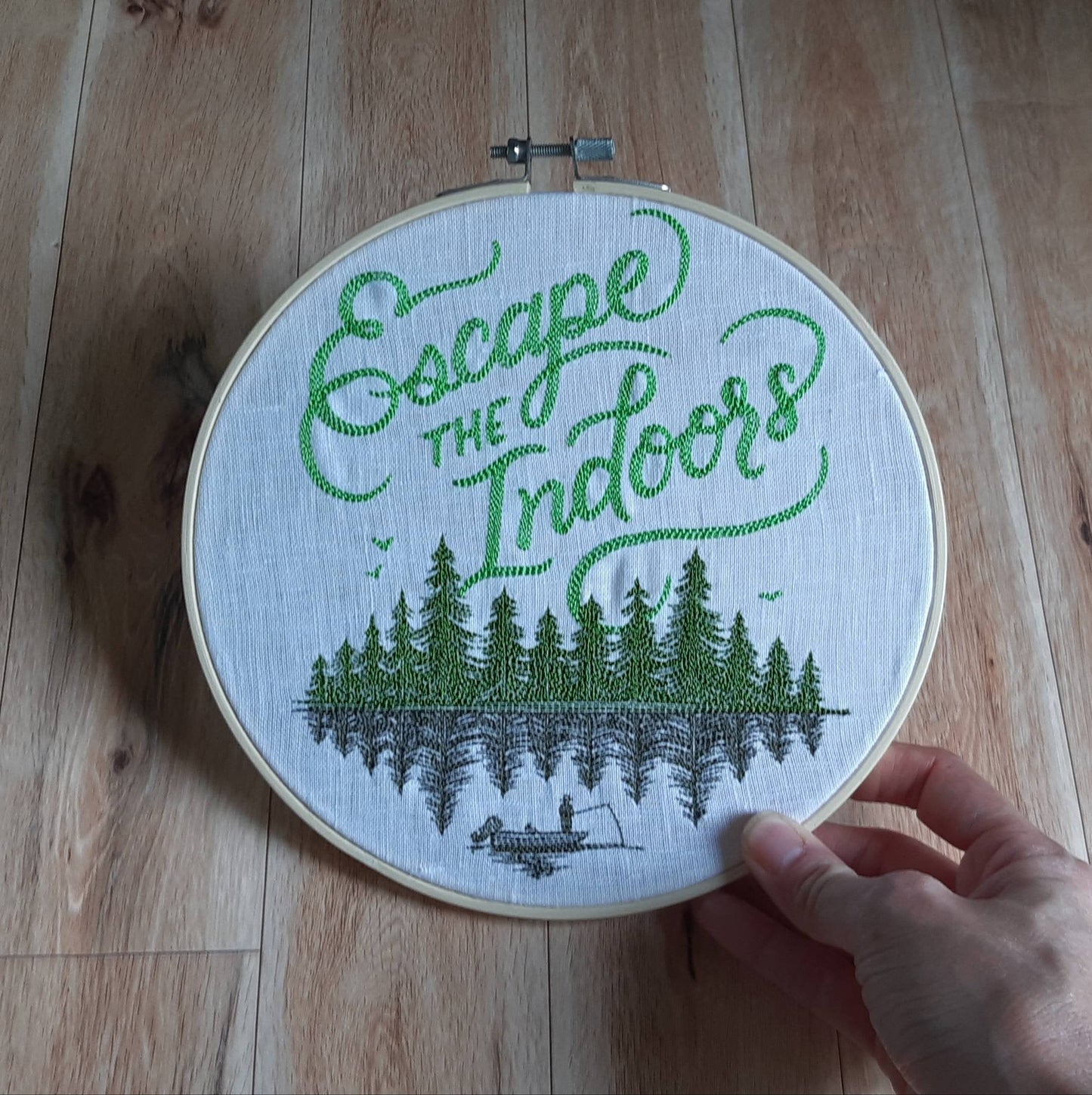 Escape the Indoors Embroidered hoop art, 8 inch hoop