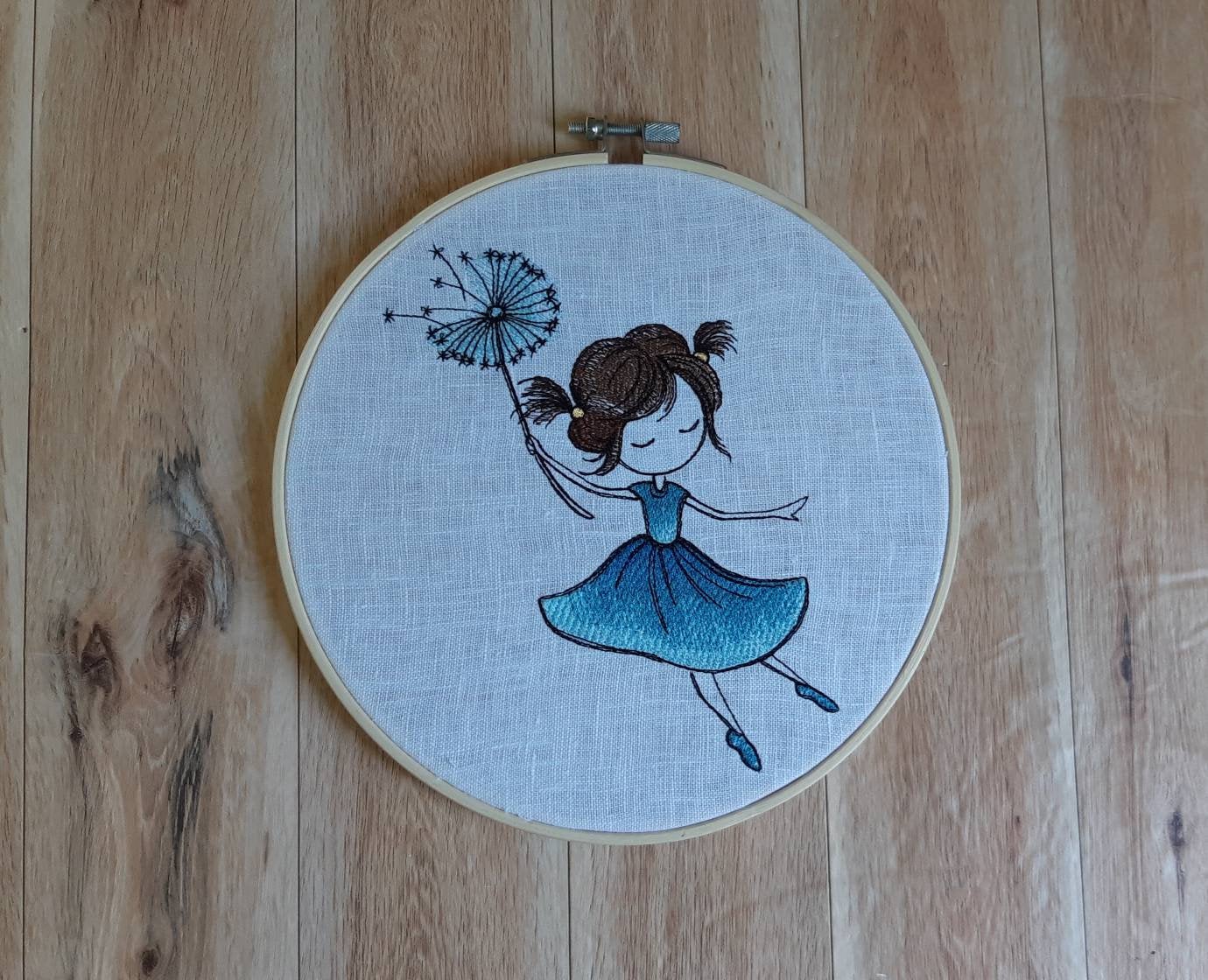 Embroidered Dandelion Girl hoop art, 8 inch Hoop