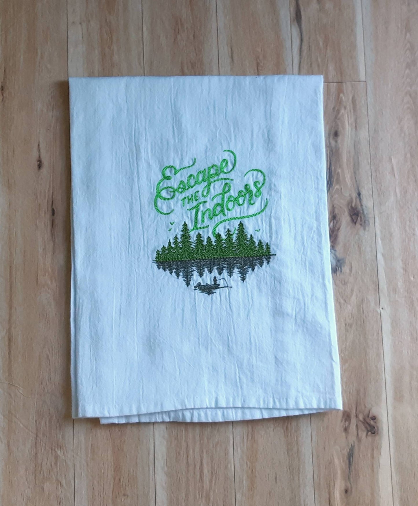 Embroidered Escape the Indoors Tea Towel