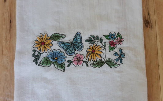 Embroidered Butterfly and Flowers Flour Sack Towel