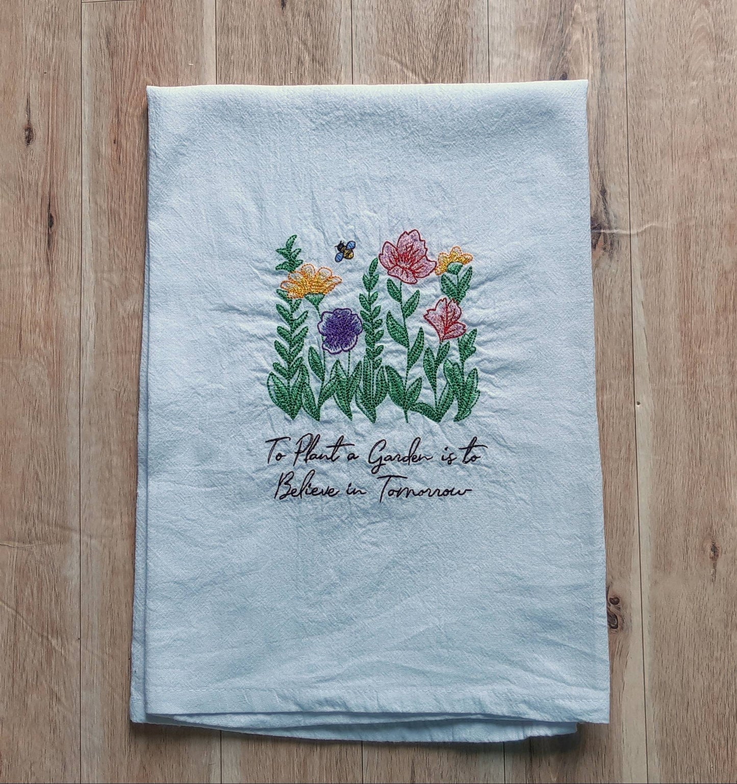 Embroidered Flower Garden Tea Towel