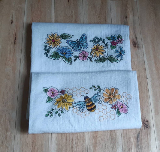 Embroidered Bees and Butterflies Flour Sack Towels Set of 2