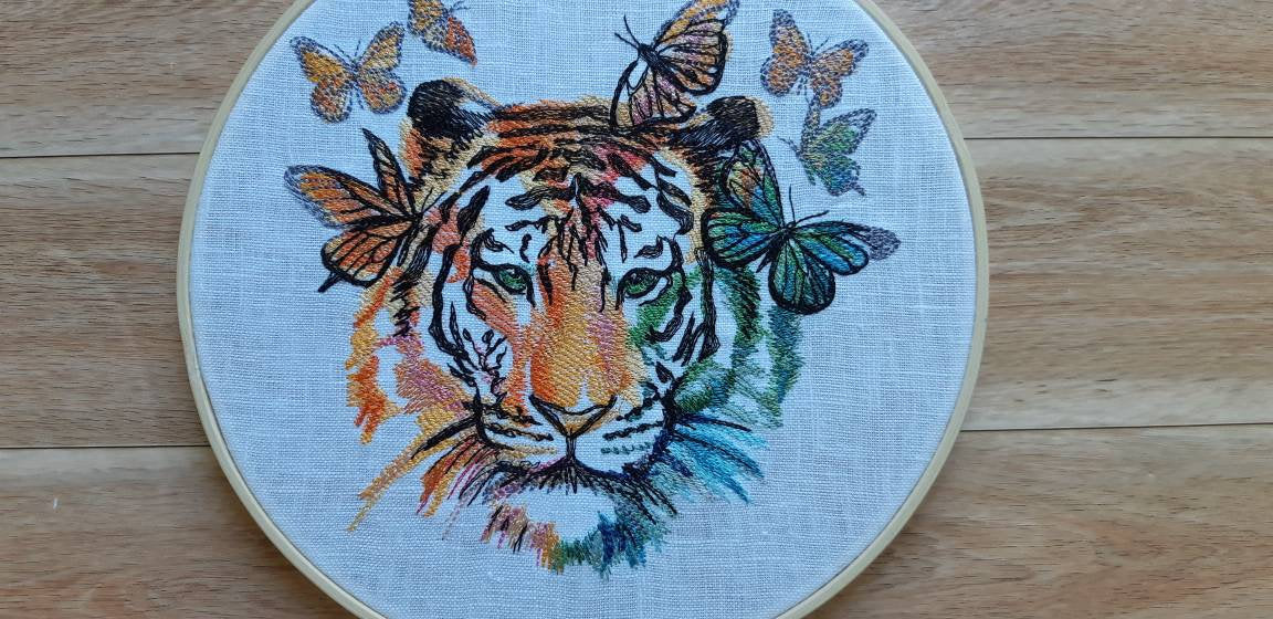 Rainbow Tiger and Butterflies Embroidered Hoop art, 8 inch Hoop