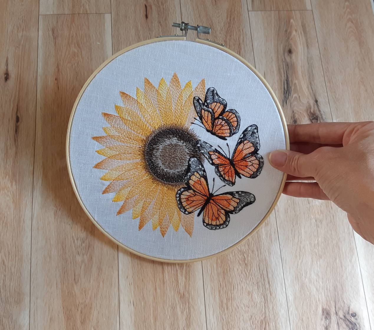 Monarch Butterflies and Sunflower Embroidered Hoop art, 8 inch hoop