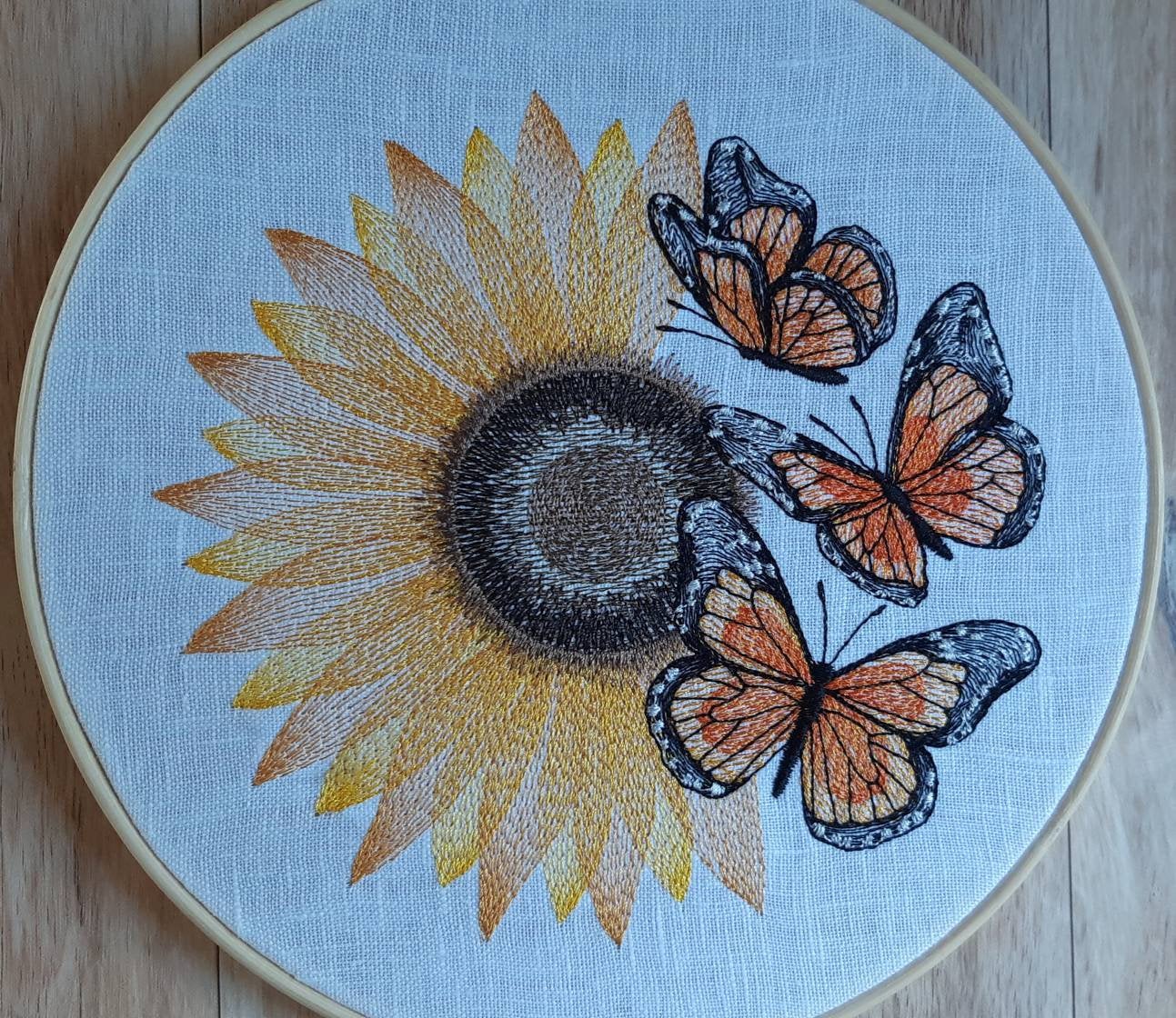 Monarch Butterflies and Sunflower Embroidered Hoop art, 8 inch hoop