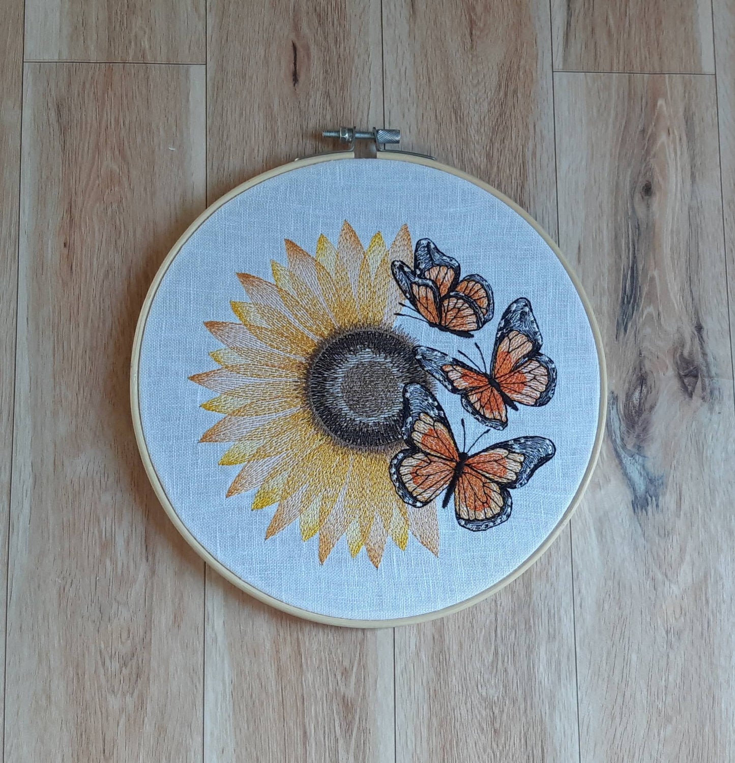 Monarch Butterflies and Sunflower Embroidered Hoop art, 8 inch hoop