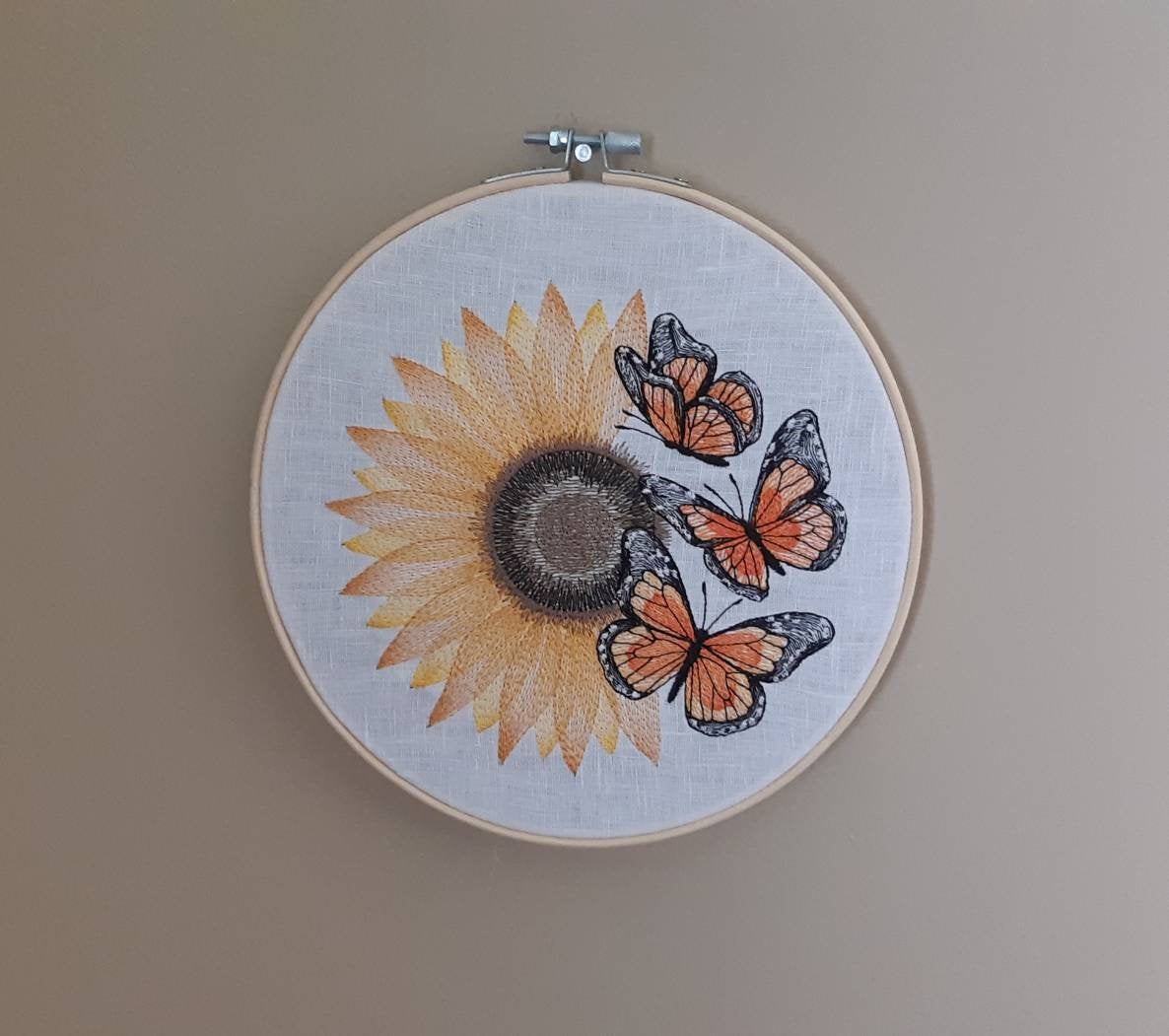 Monarch Butterflies and Sunflower Embroidered Hoop art, 8 inch hoop