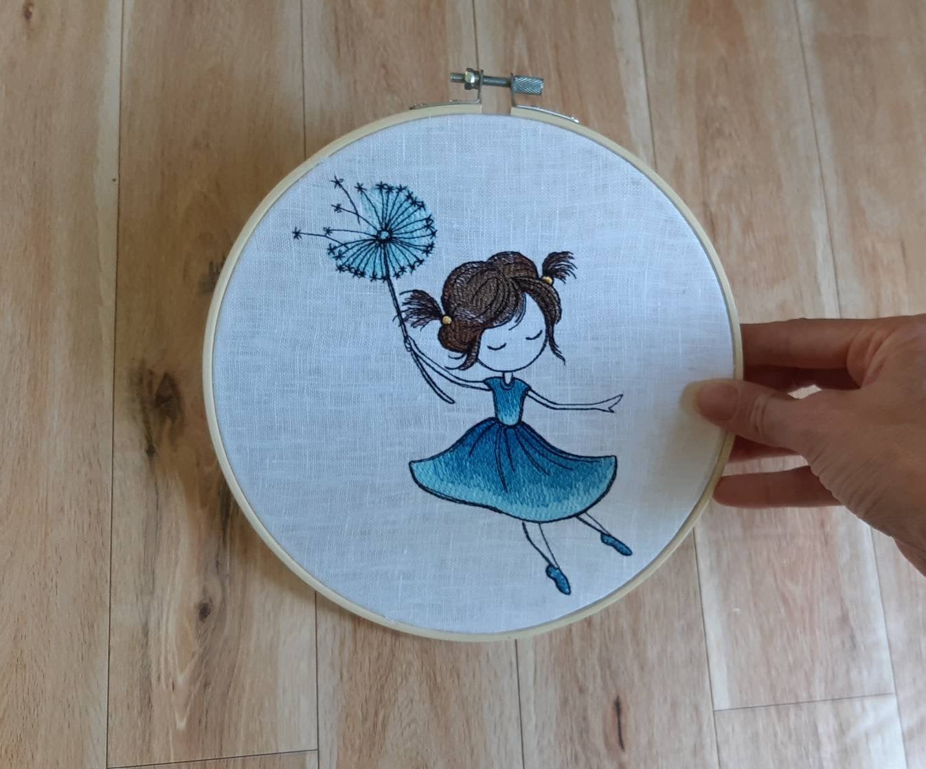 Embroidered Dandelion Girl hoop art, 8 inch Hoop