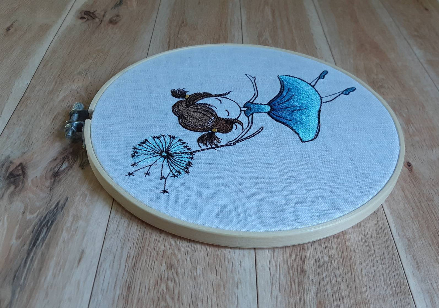 Embroidered Dandelion Girl hoop art, 8 inch Hoop