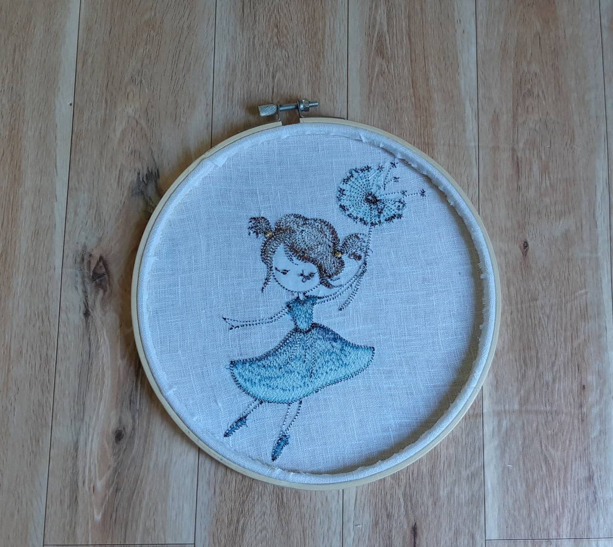 Embroidered Dandelion Girl hoop art, 8 inch Hoop