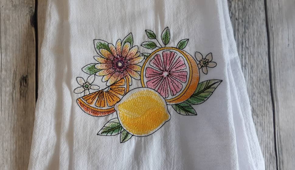 Embroidered Citrus and Flowers Tea Towel