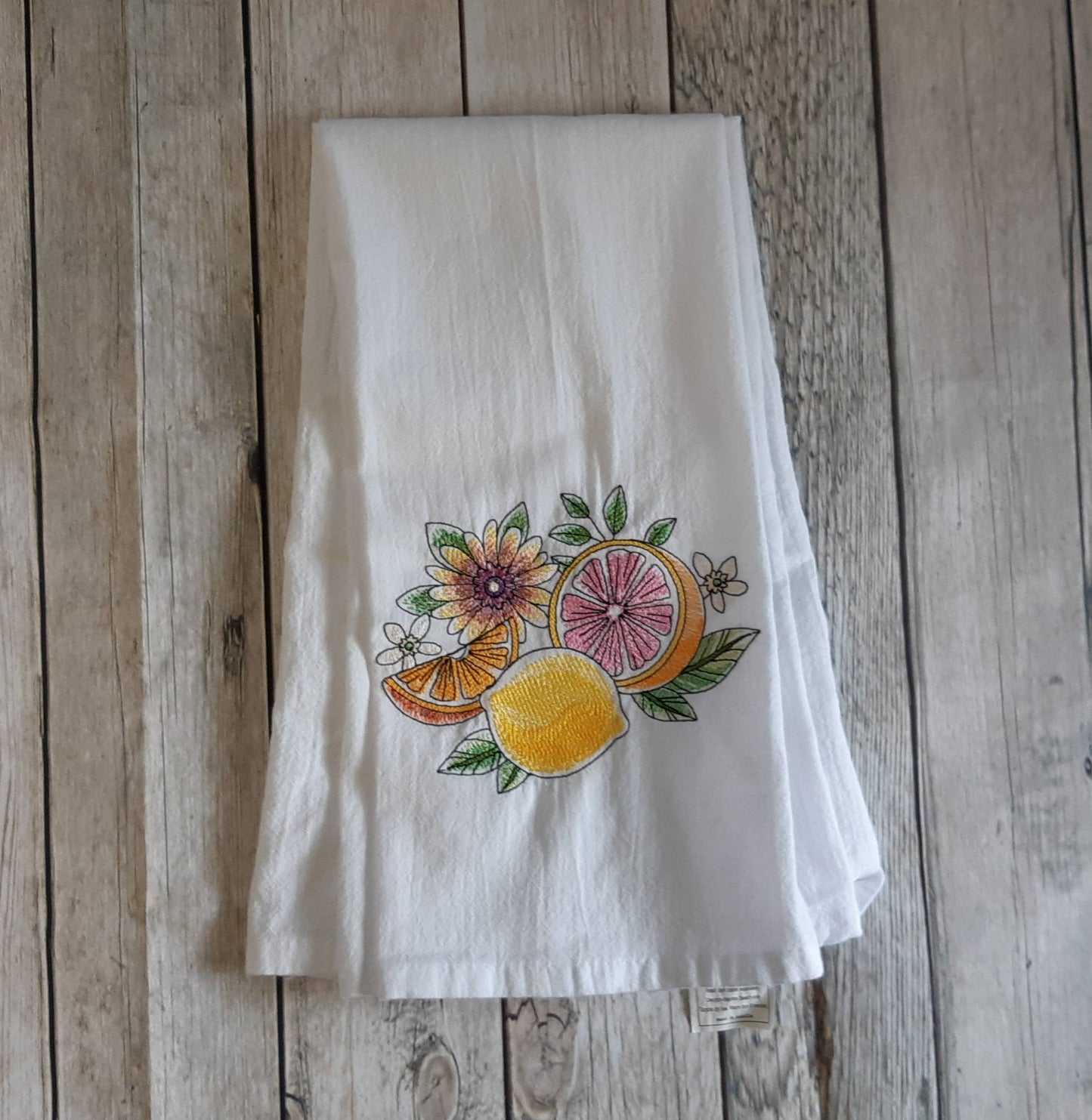 Embroidered Citrus and Flowers Tea Towel