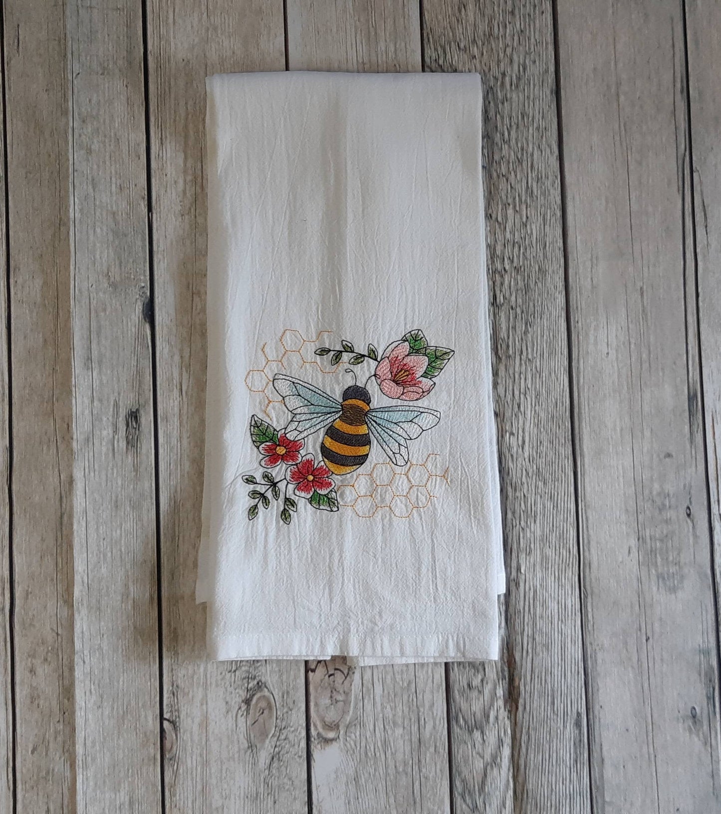 Embroidered Bee And Flowers Tea Towel