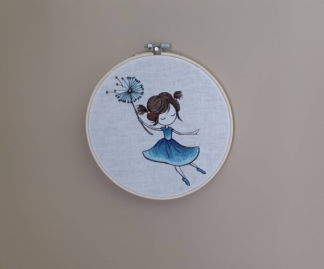 Embroidered Dandelion Girl hoop art, 8 inch Hoop