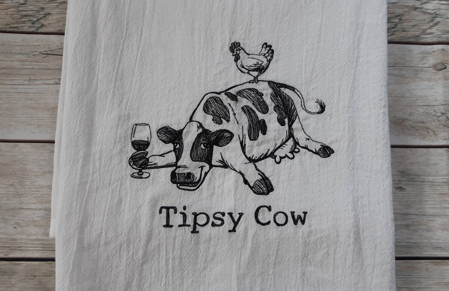 Embroidered Tipsy Cow Tea Towel