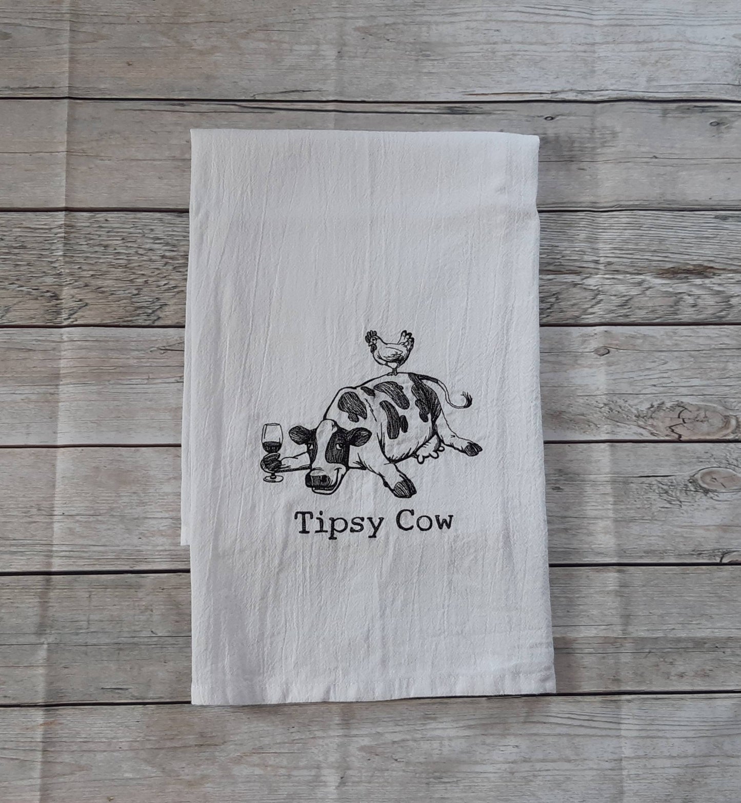 Embroidered Tipsy Cow Tea Towel