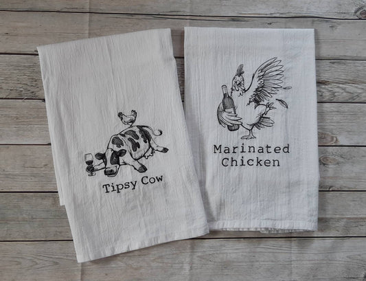 Embroidered Funny Farm Animals Flour Sack Towel Set of 2