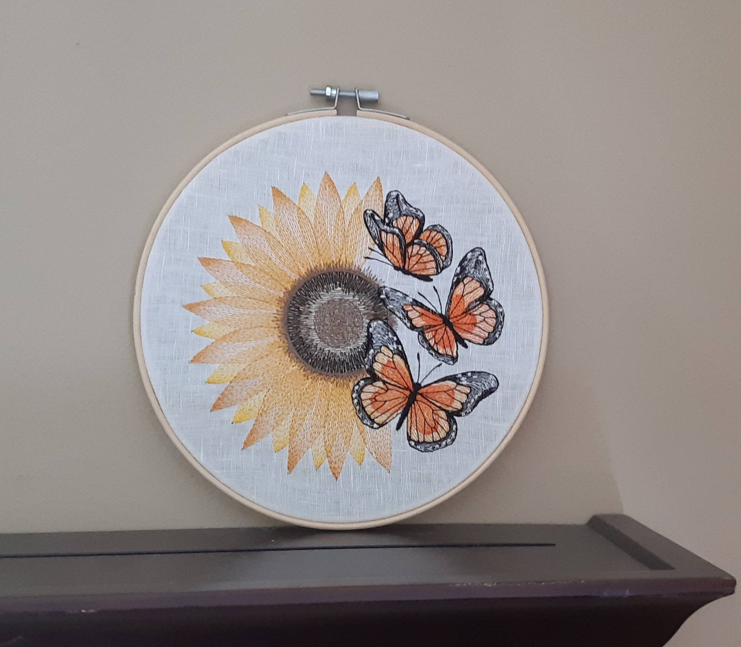 Monarch Butterflies and Sunflower Embroidered Hoop art, 8 inch hoop