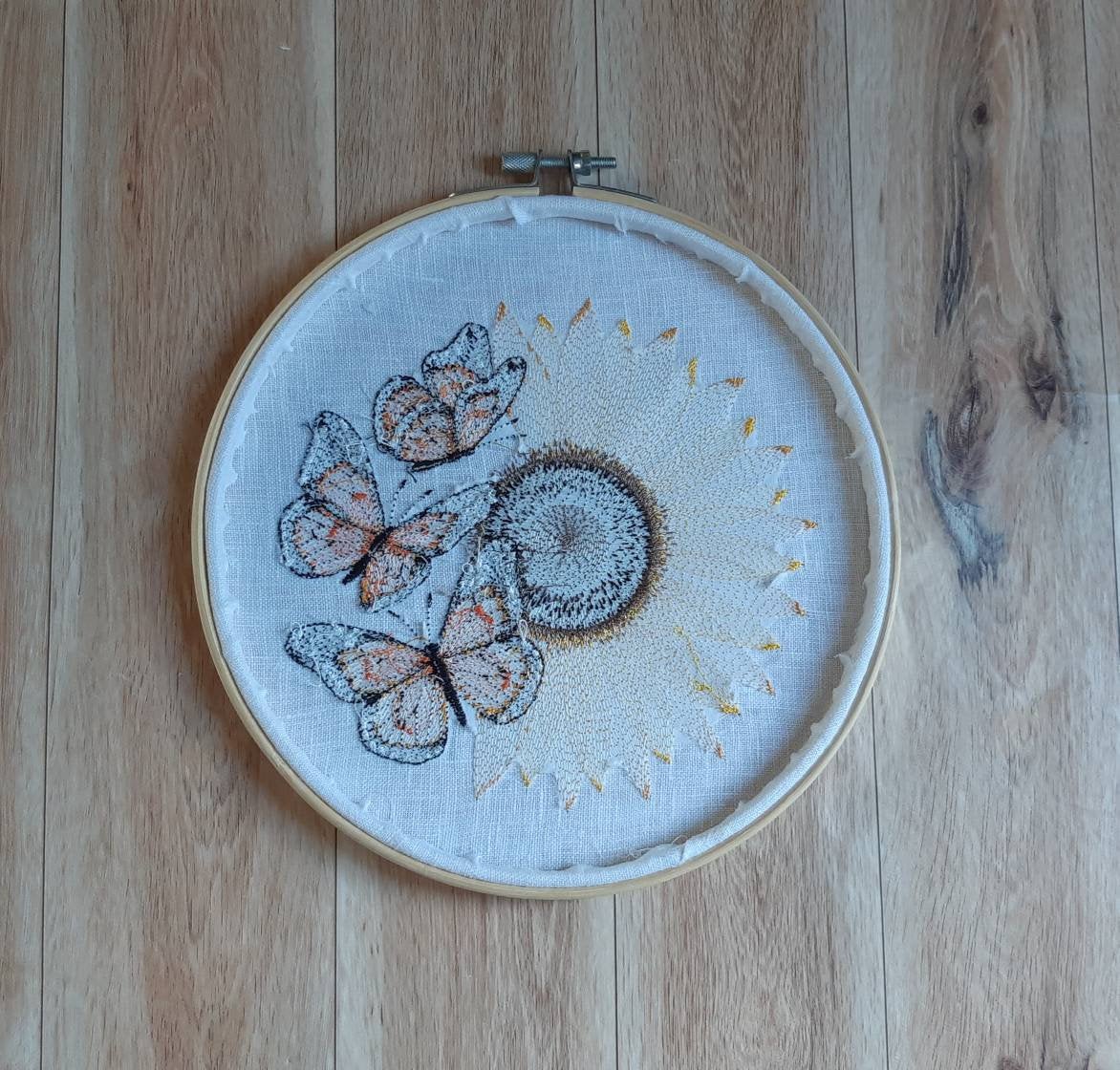 Monarch Butterflies and Sunflower Embroidered Hoop art, 8 inch hoop