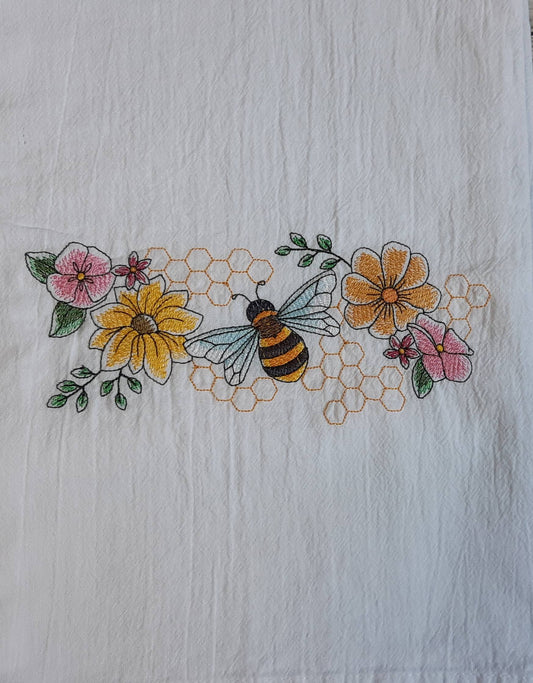 Embroidered Bee and Flower Border Flour Sack Towel