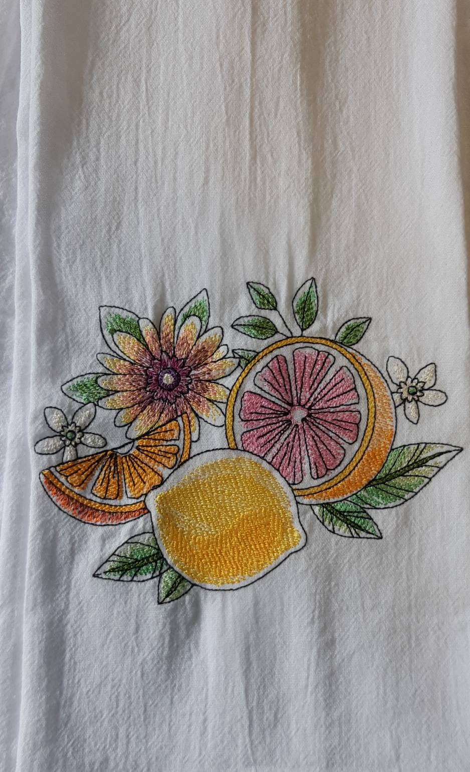 Embroidered Citrus and Flowers Tea Towel