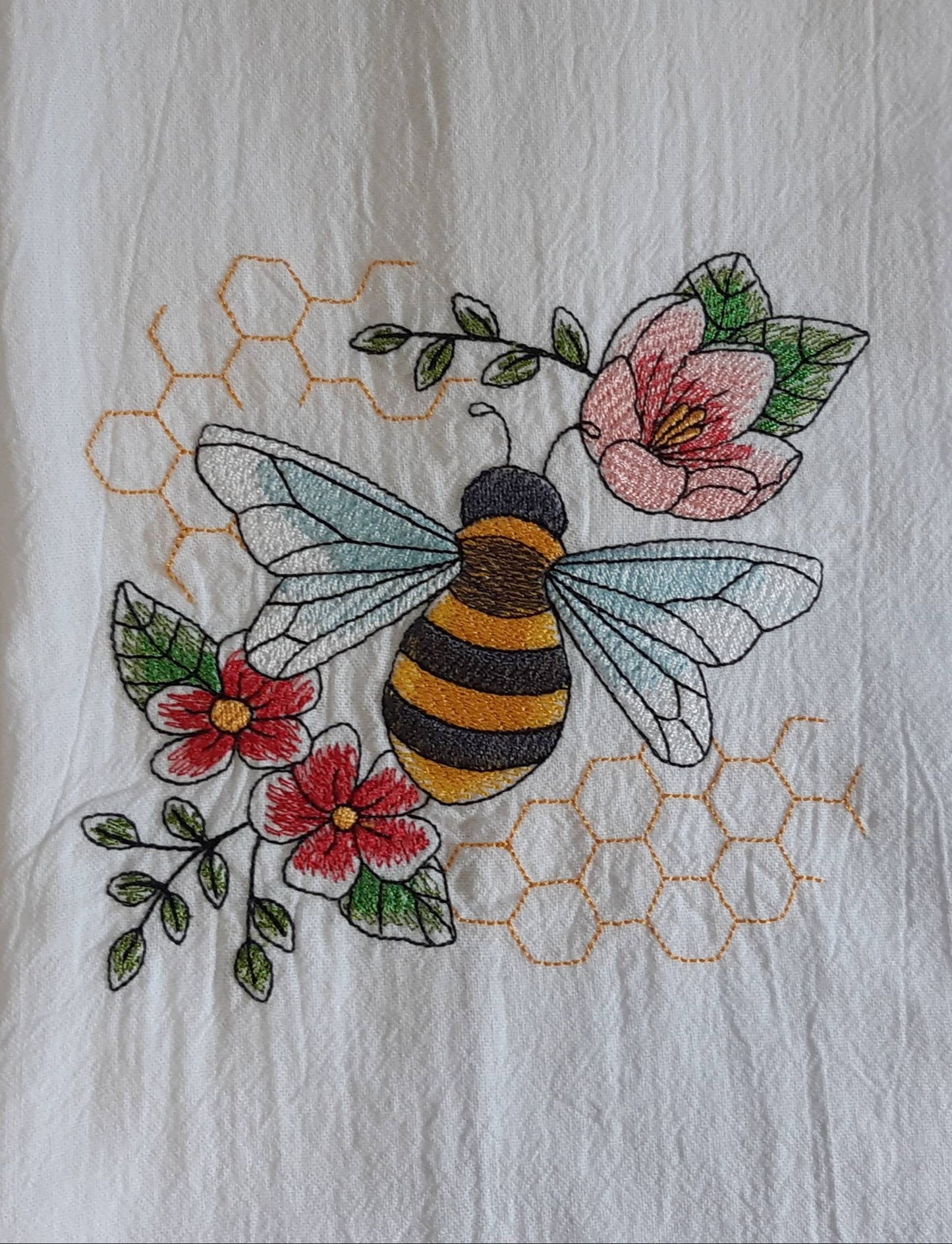 Embroidered Bee And Flowers Tea Towel