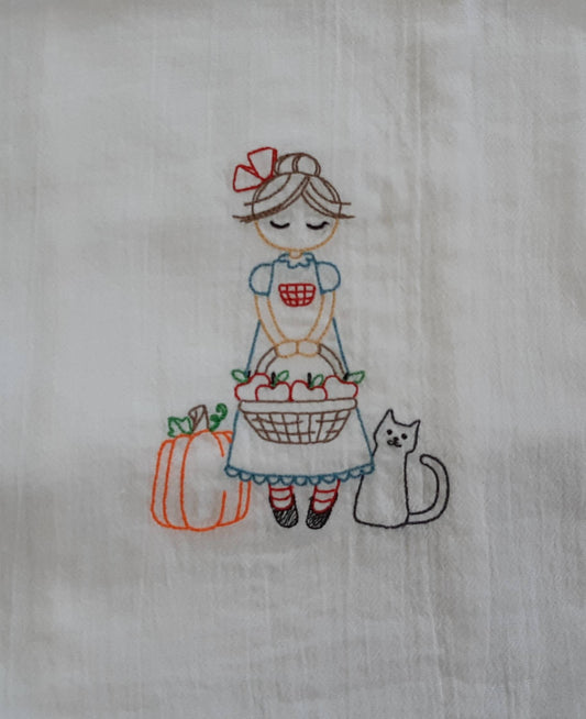 Embroidered Vintage Fall Flour Sack Towel