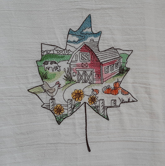 Embroidered Barn Scene Tea Towel