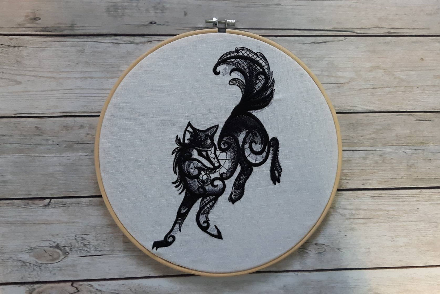 Black Wolf Embroidered Hoop Art, 10" Hoop