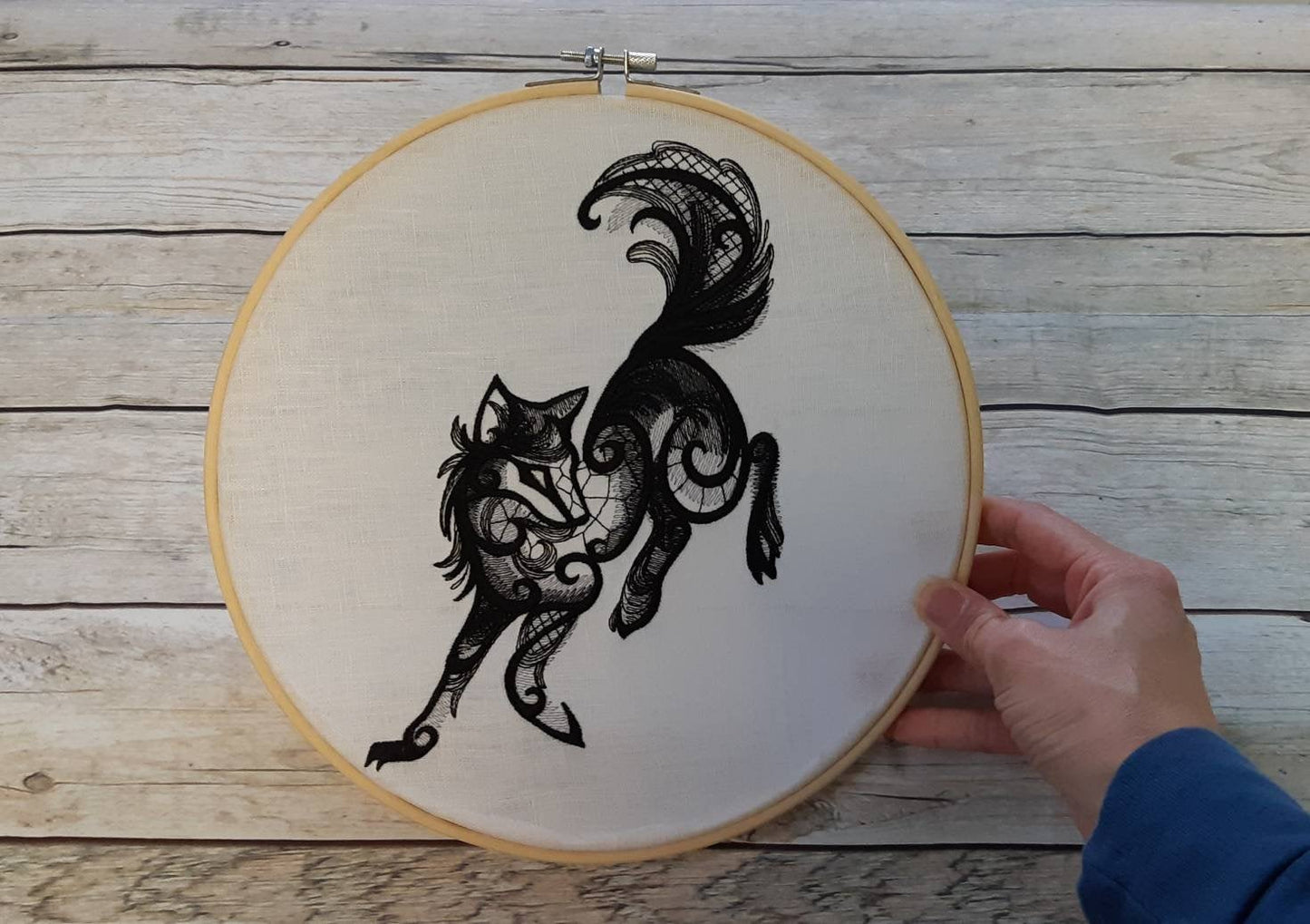 Black Wolf Embroidered Hoop Art, 10" Hoop