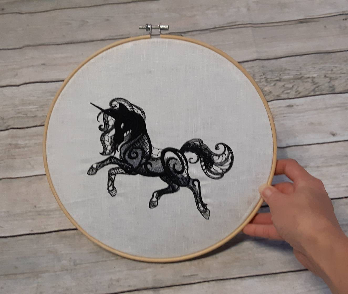 Black Unicorn Embroidered Hoop Art, 10" Hoop