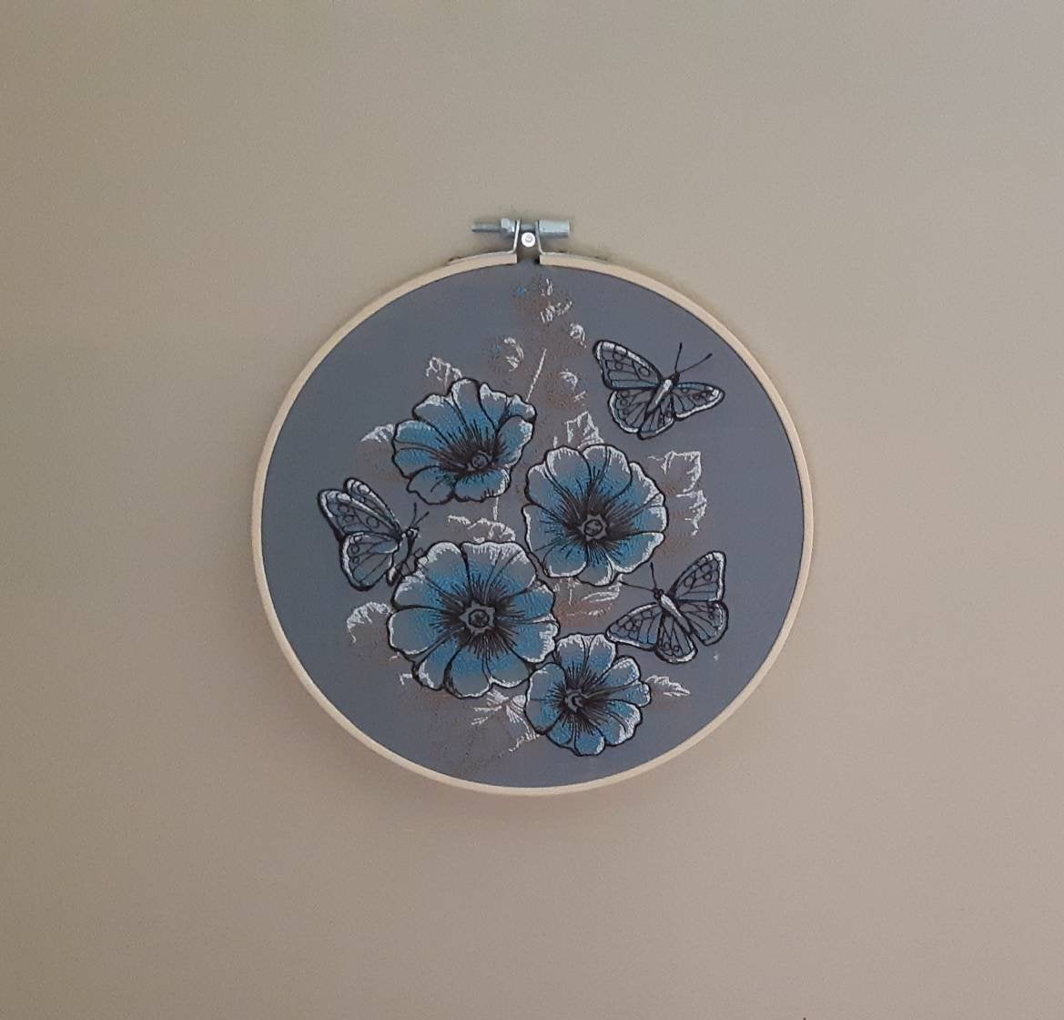 Grey Butterfly Embroidered Wall Decor, 8 inch hoop