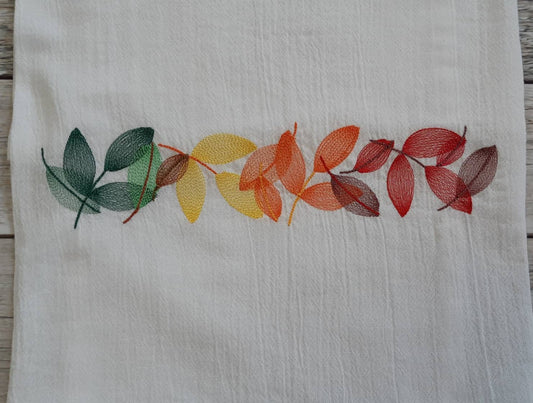 Embroidered Fall Leaves Tea Towel