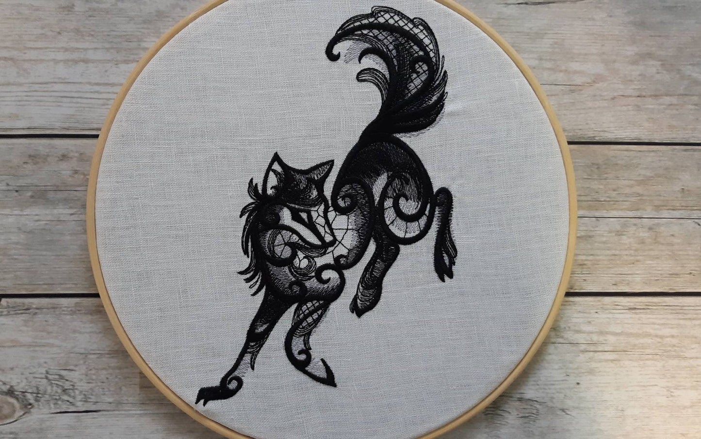 Black Wolf Embroidered Hoop Art, 10" Hoop