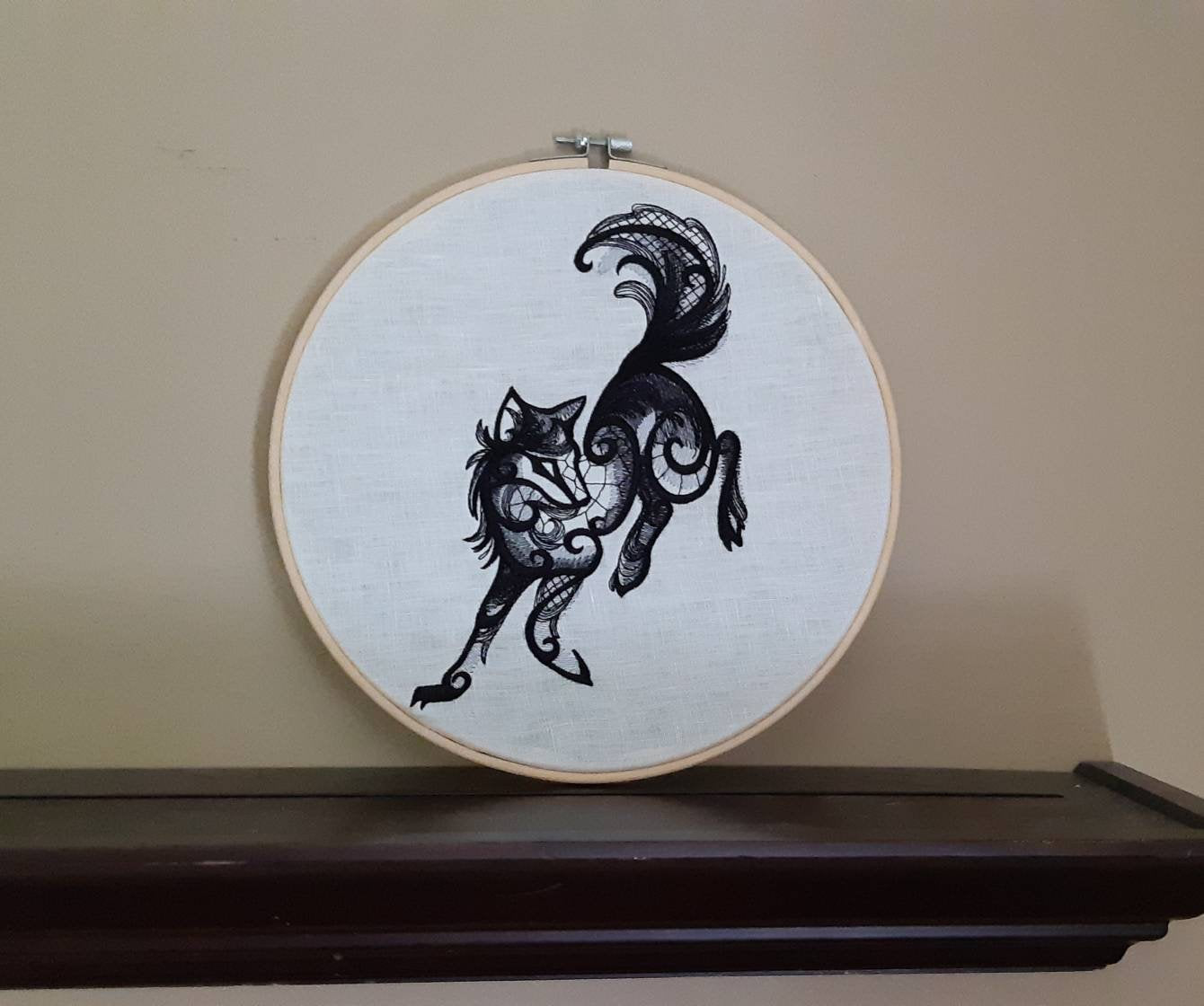 Black Wolf Embroidered Hoop Art, 10" Hoop