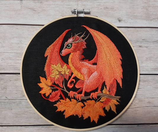 Red Autumn Dragon Embroidered Wall Art, 8 inch hoop