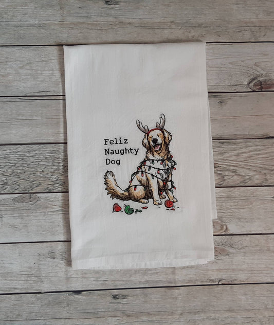 Embroidered Christmas Dog Flour Sack Towel