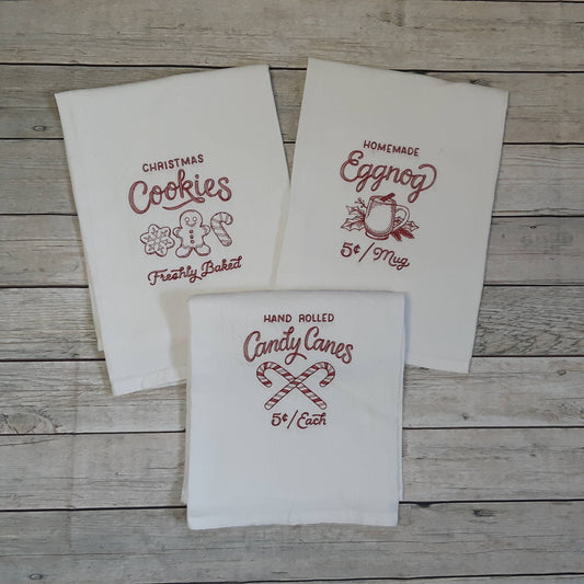 Embroidered Christmas Flour Sack Tea Towel Set of 3